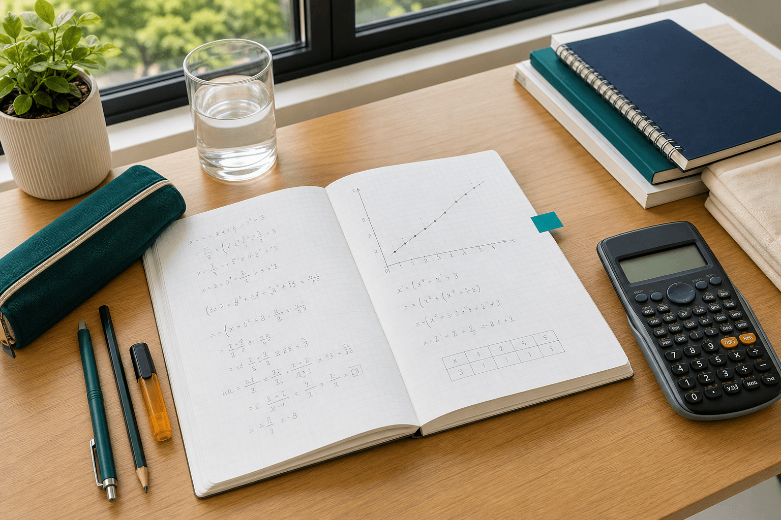 An illustrative mathematics study desk with a notebook, calculator, and practice work